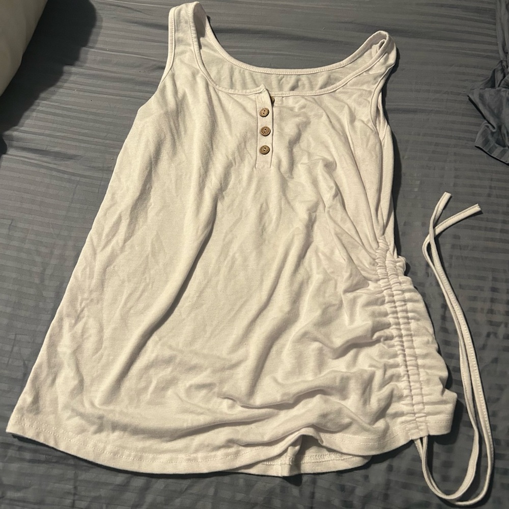 White Ruched Side Tank Top with Button Detail - Women